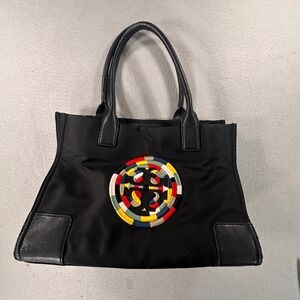 Tory Burch Ella Tote Black Nylon Multi Color Embroidered Logo Handbag